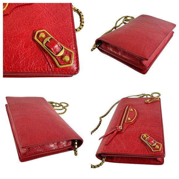 BALENCIAGA Red Leather Agneau Metallic Edge Clutch Crossbody Wallet on Chain - Picture 14 of 15